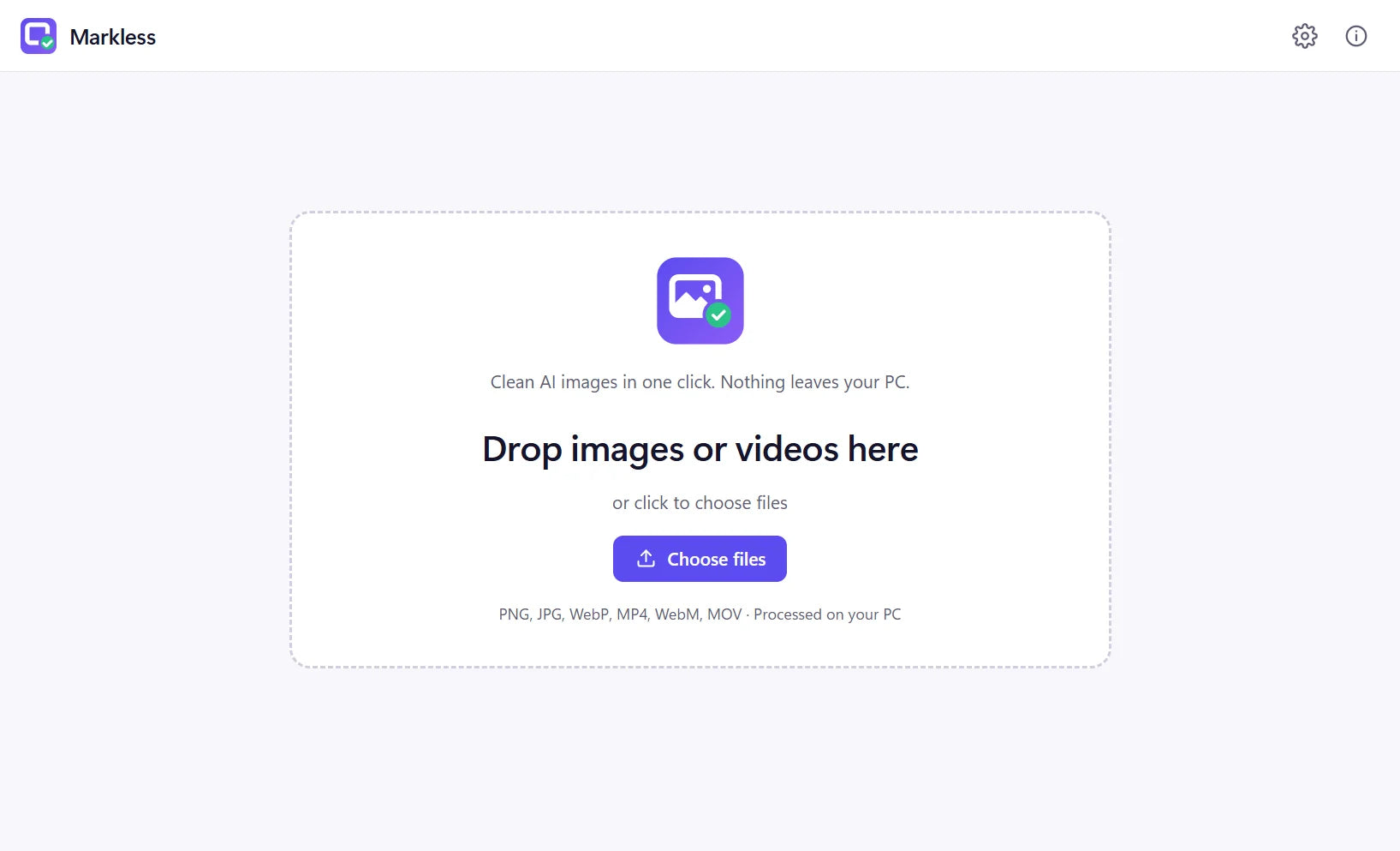 Drag files in, or click to choose. That's the whole setup.